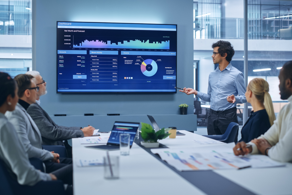 Homem apresentando dados para equipe de trabalho. Tendências de carreira.